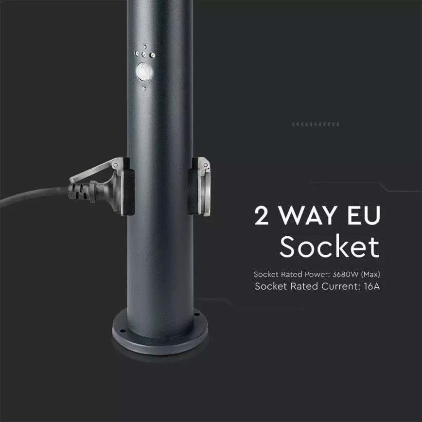 Lauko šviestuvas su jutikliu ir 2 lizdai SCHUKO 1xE27/60W/230V IP44 60cm juoda
