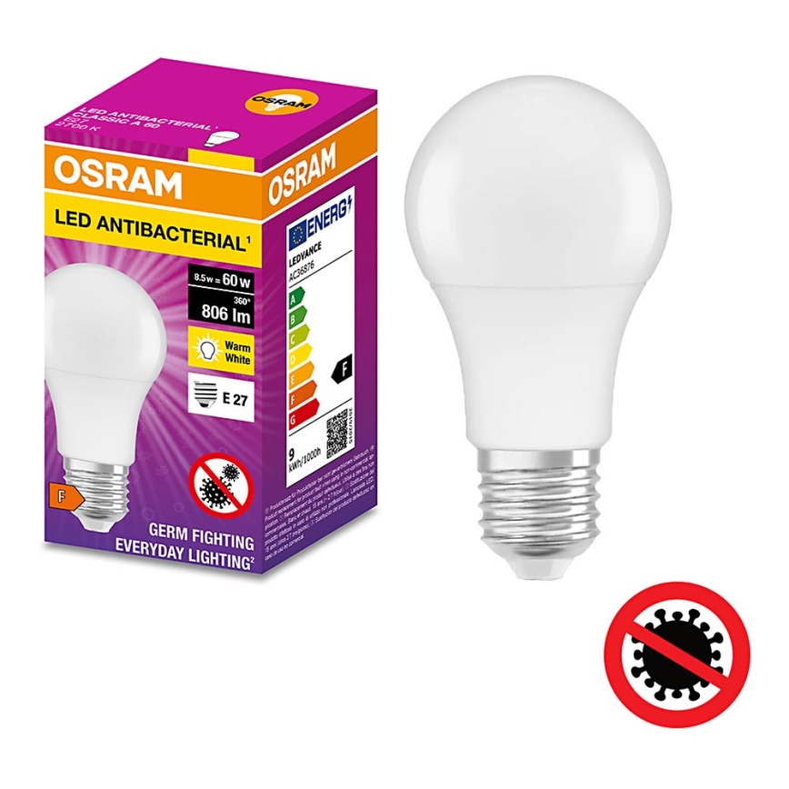 LED Antibakterinė lemputė A60 E27/8,5W/230V 2700K - Osram