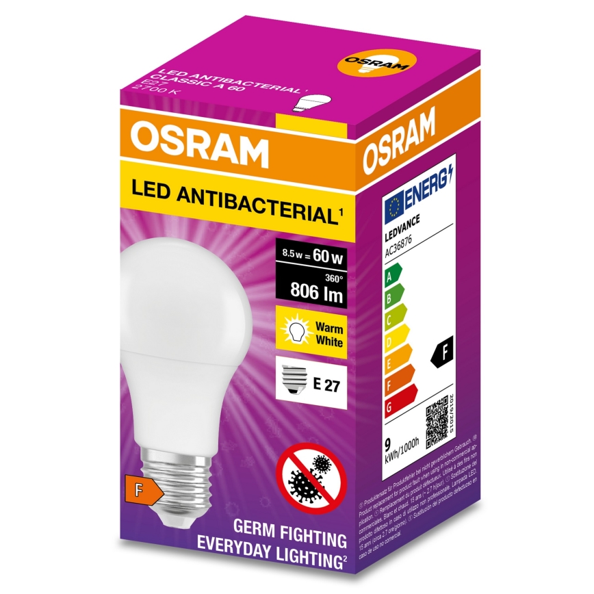 LED Antibakterinė lemputė A60 E27/8,5W/230V 2700K - Osram