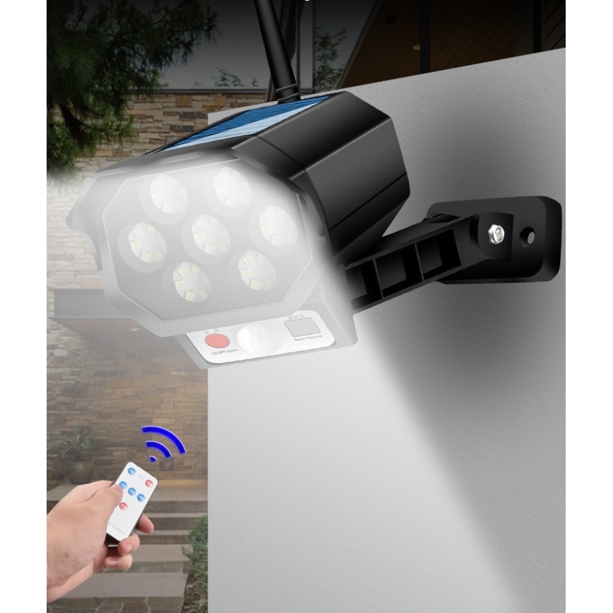 LED Apsaugos kameros maketas su jutikliu ir su saulės baterija LED/5W/5,5V 800 mAh IP65 + nuotolinio valdymo pultas