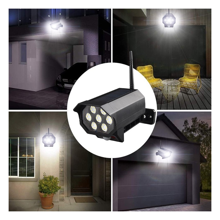LED Apsaugos kameros maketas su jutikliu ir su saulės baterija LED/5W/5,5V 800 mAh IP65 + nuotolinio valdymo pultas