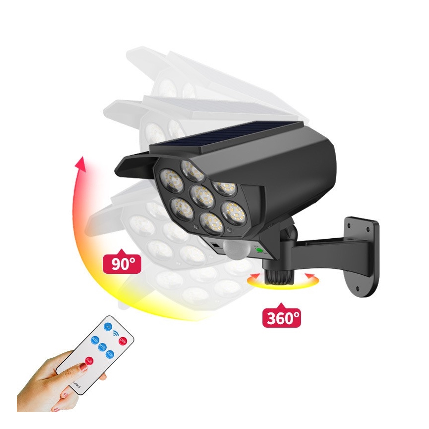 LED Apsaugos kameros maketas su jutikliu ir su saulės baterija LED/5W/5,5V 800 mAh IP65 + nuotolinio valdymo pultas