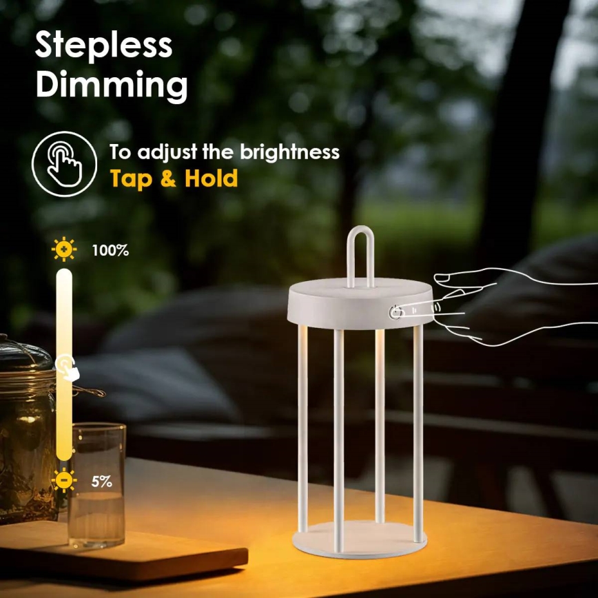 Reguliuojamo ryškumo lauko įkraunama jutiklinė stalinė lempa GENTLE LED/1,5W/3,7V 3000 mAh IP44 balta