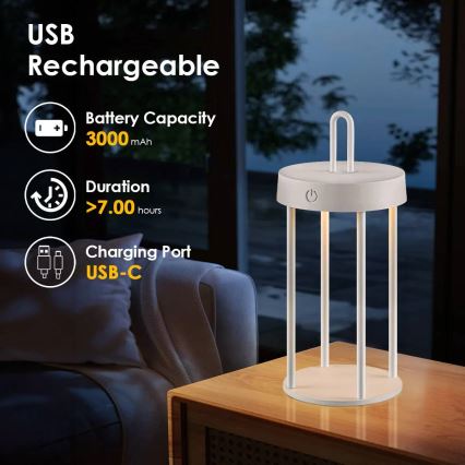 Reguliuojamo ryškumo lauko įkraunama jutiklinė stalinė lempa GENTLE LED/1,5W/3,7V 3000 mAh IP44 balta