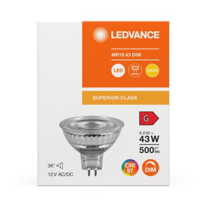 LED dimeriuojama reflektorinė lemputė MR16 GU5,3/6,6W/12V 3000K 36° CRI 97 - Ledvance