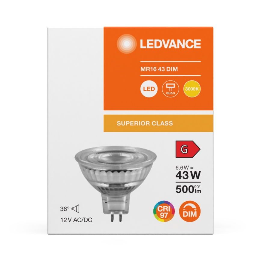 LED dimeriuojama reflektorinė lemputė MR16 GU5,3/6,6W/12V 3000K 36° CRI 97 - Ledvance