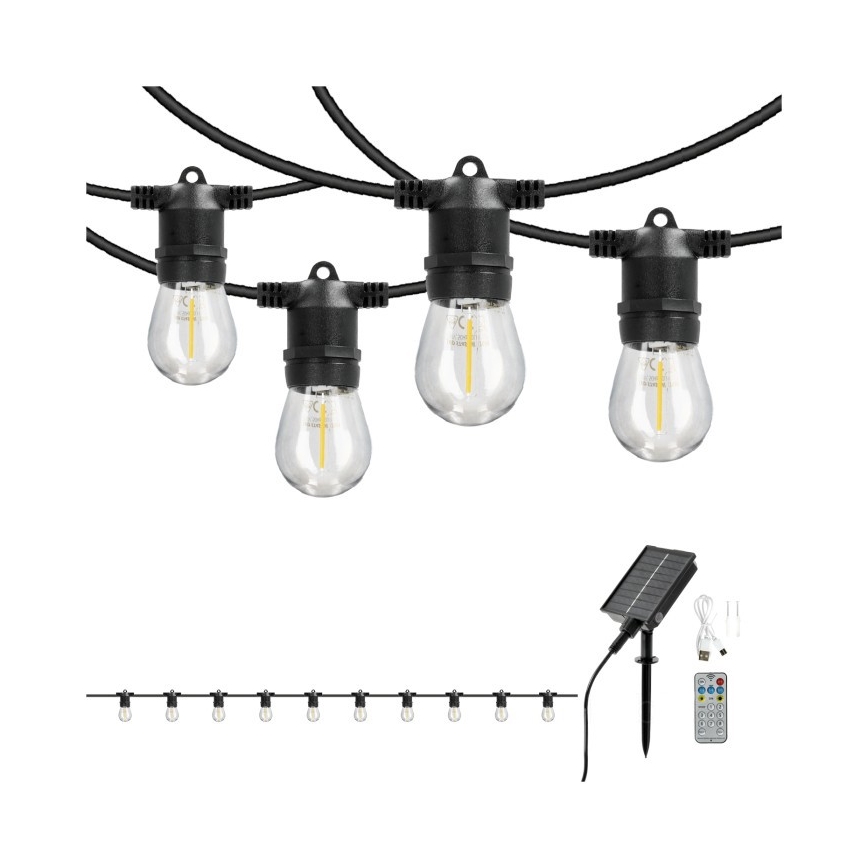 LED pritemdoma saulės dekoratyvinė girlianda STARLIGHT NEO 10xE27/3,7V 2700K IP54 1200 mAh 11,5m + nuotolinis valdymas