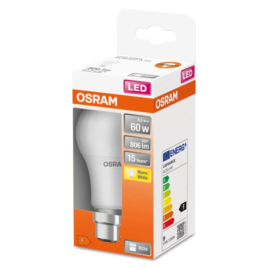 LED elektros lemputė A60 B22d/8,5W/230V 2700K - Osram