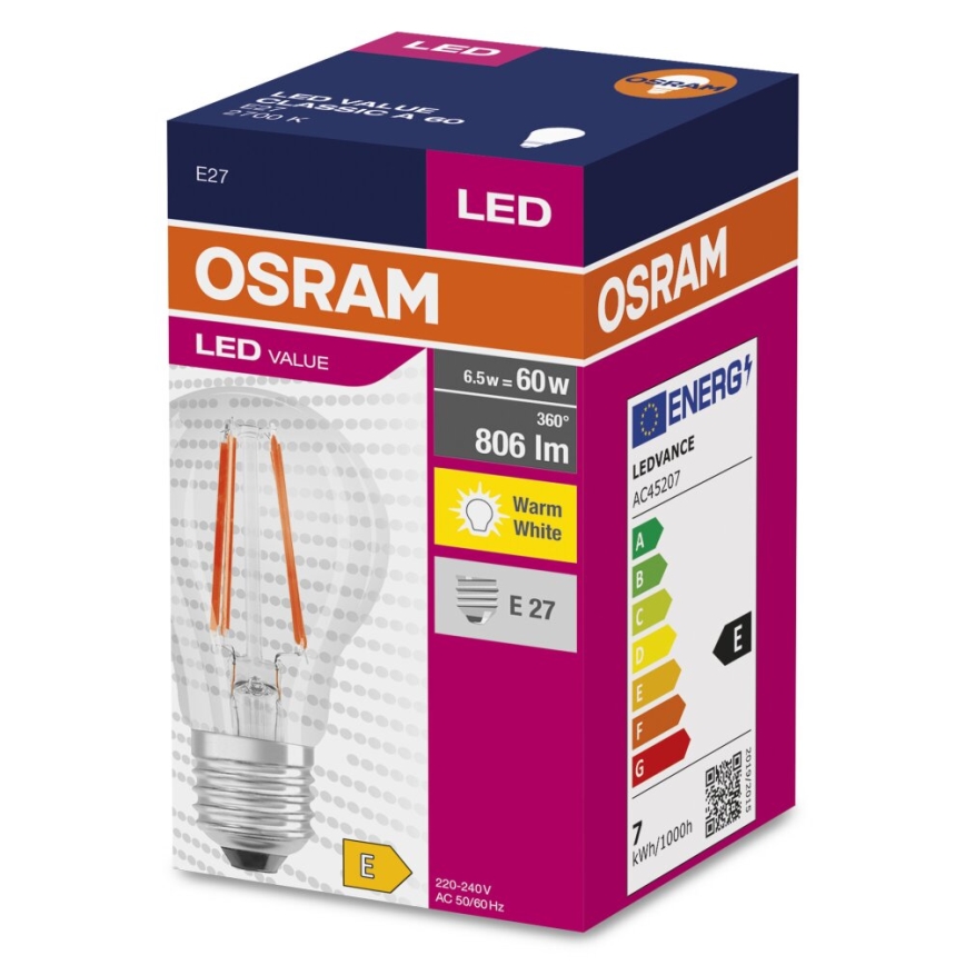 LED elektros lemputė FILAMENT A60 E27/6,5W/230V 2700K - Osram