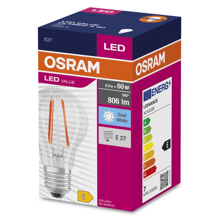LED elektros lemputė FILAMENT A60 E27/6,5W/230V 4000K - Osram