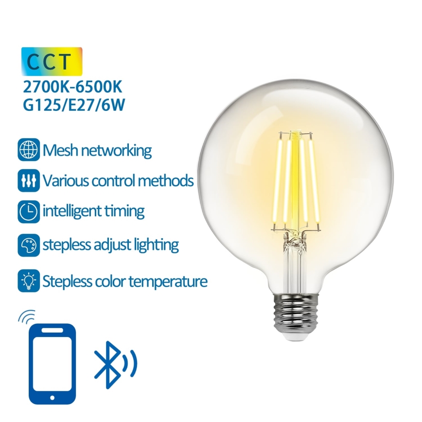 LED pritemdoma elektros lemputė FILAMENT MESH Išmanus G125 E27/6W/230V 2700-6500K - Aigostar
