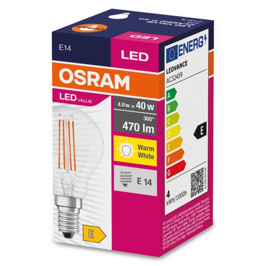 LED elektros lemputė FILAMENT P40 E14/4W/230V 2700K - Osram