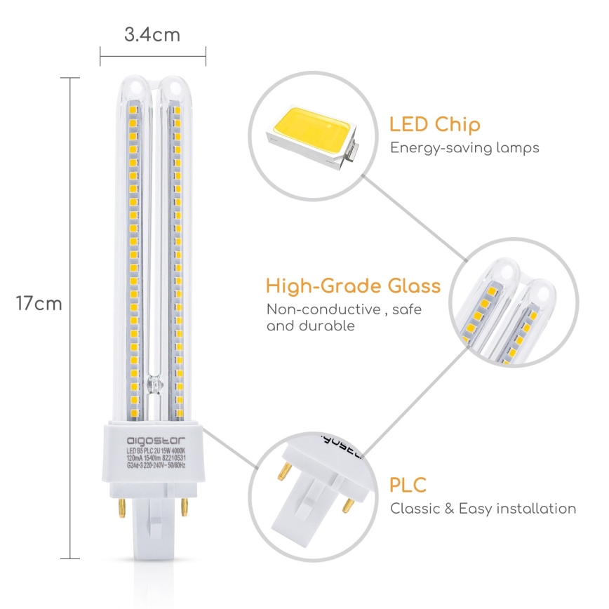 LED elektros lemputė G24D-3/15W/230V 4000K - Aigostar