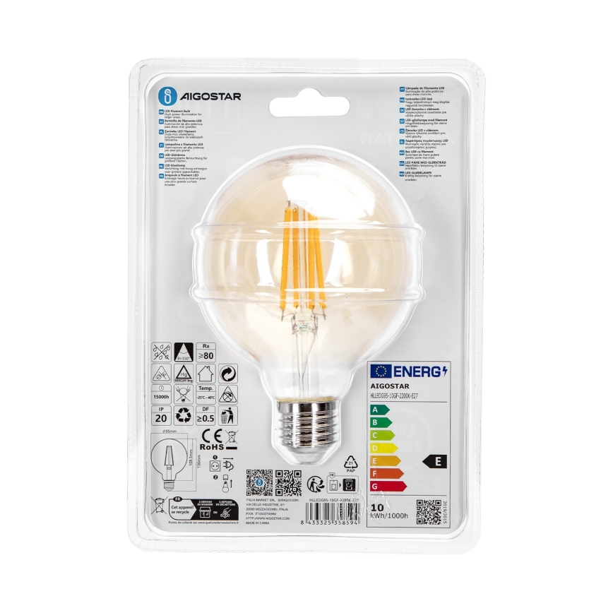LED elektros lemputė G95 E27/10W/230V 2200K - Aigostar