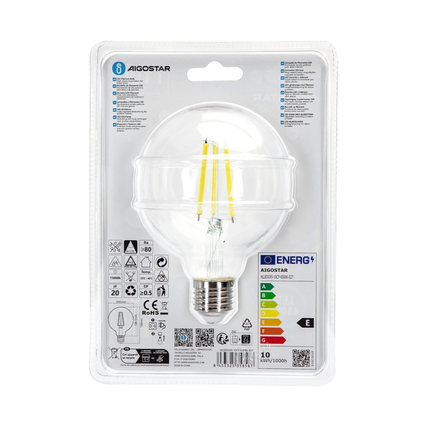 LED elektros lemputė G95 E27/10W/230V 6500K - Aigostar