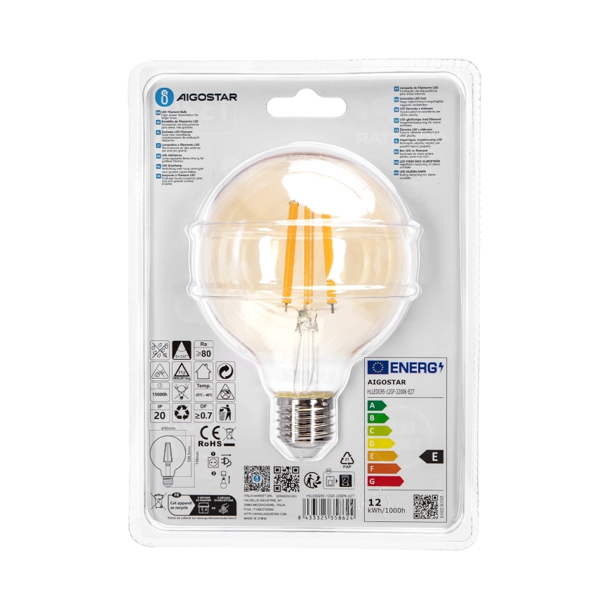 LED elektros lemputė G95 E27/12W/230V 2200K - Aigostar