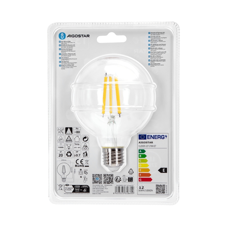 LED elektros lemputė G95 E27/12W/230V 2700K - Aigostar