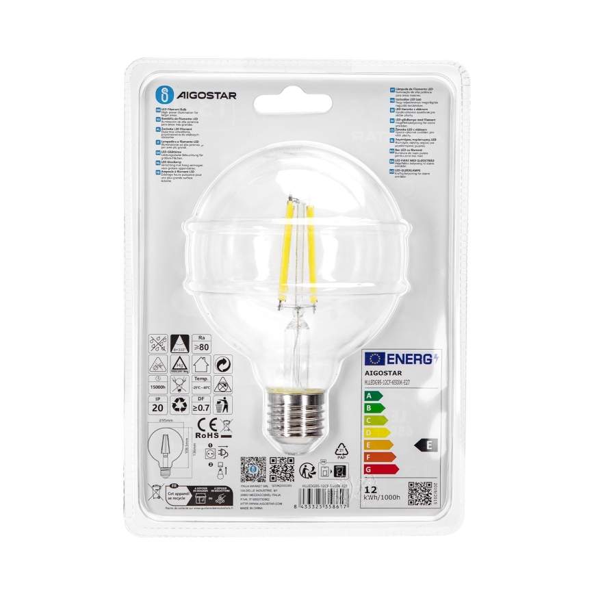 LED elektros lemputė G95 E27/12W/230V 6500K - Aigostar