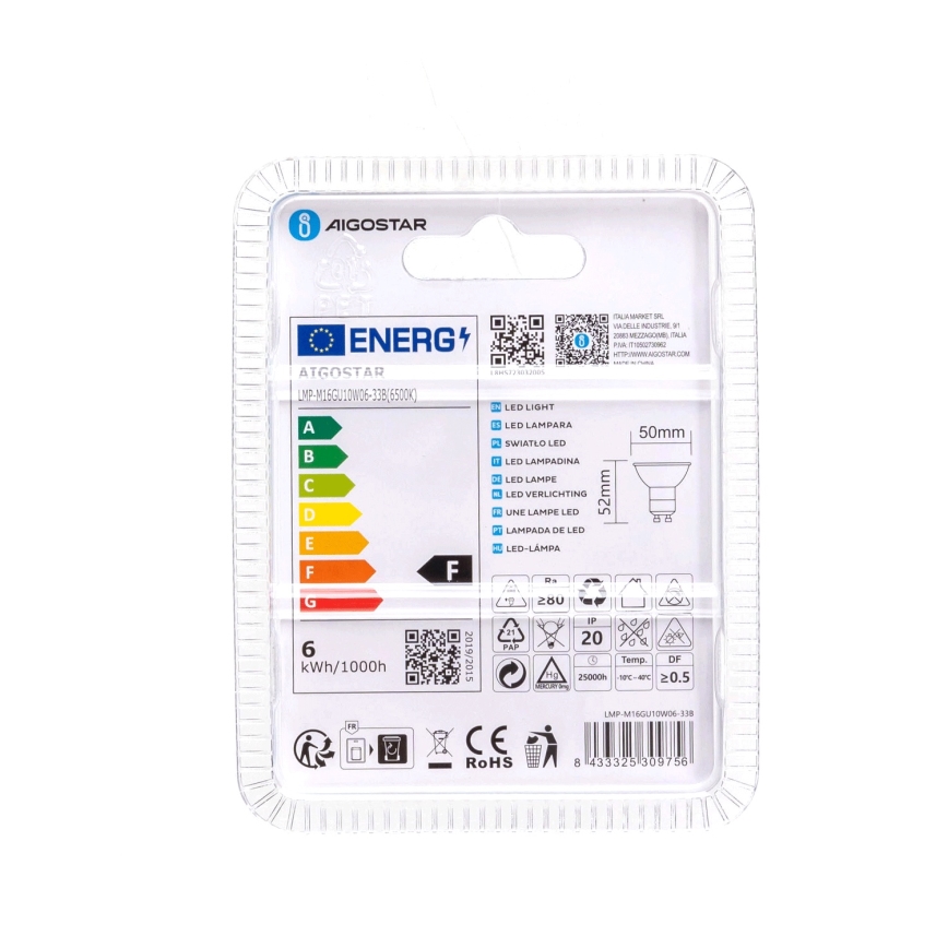 LED elektros lemputė GU10/6W/230V 6500K - Aigostar