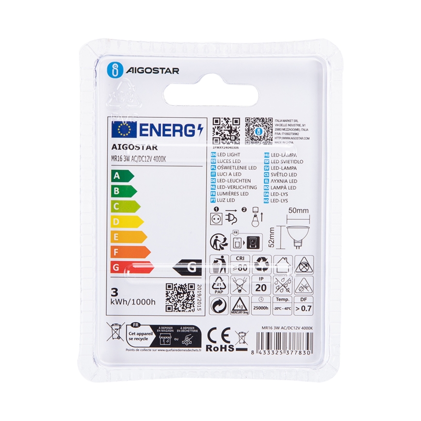 LED elektros lemputė MR16 GU5,3/3W/12V 4000K - Aigostar
