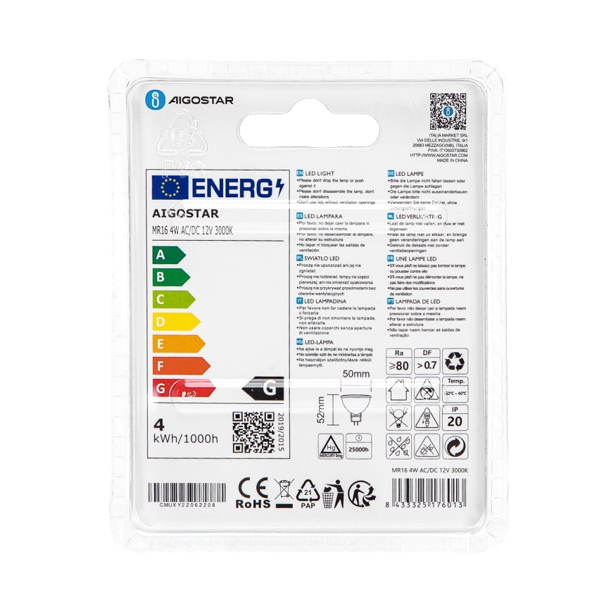 LED elektros lemputė MR16 GU5,3/4W/12V 3000K - Aigostar