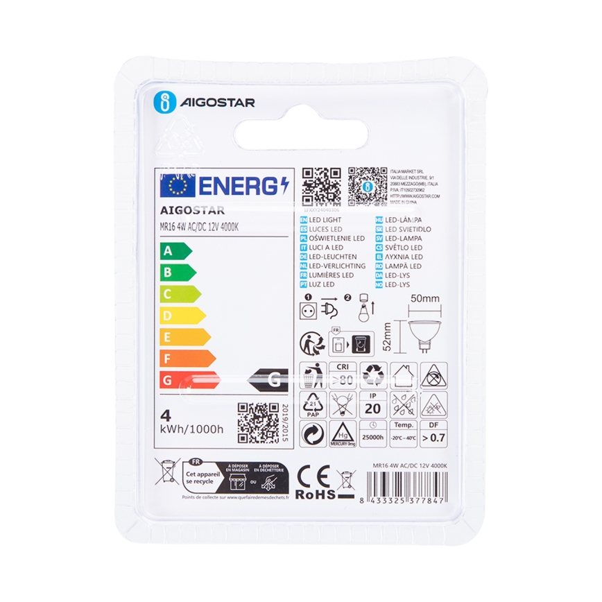 LED elektros lemputė MR16 GU5,3/4W/12V 4000K - Aigostar