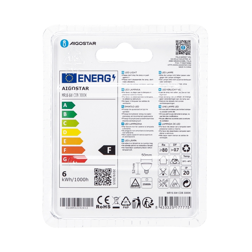 LED elektros lemputė MR16 GU5,3/6W/12V 3000K - Aigostar