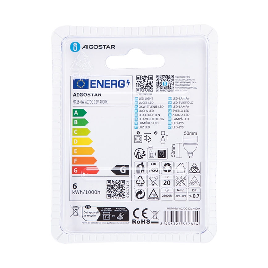 LED elektros lemputė MR16 GU5,3/6W/12V 4000K - Aigostar