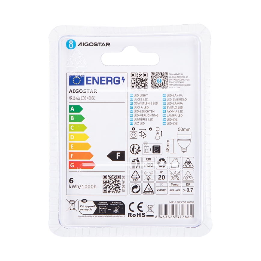 LED elektros lemputė MR16 GU5,3/6W/12V 4000K - Aigostar