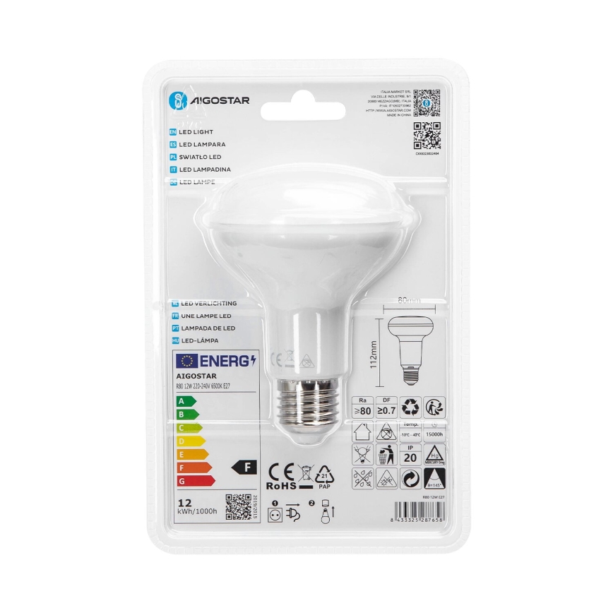 LED elektros lemputė R80 E27/12W/230V 6500K - Aigostar