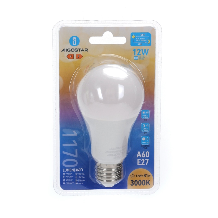 LED elektros lemputė su prieblandos jutikliu A60 E27/12W/230V 3000K - Aigostar