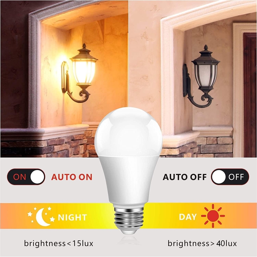 LED elektros lemputė su prieblandos jutikliu ECOLINE A60 E27/9W/230V 3000K -  Brilagi