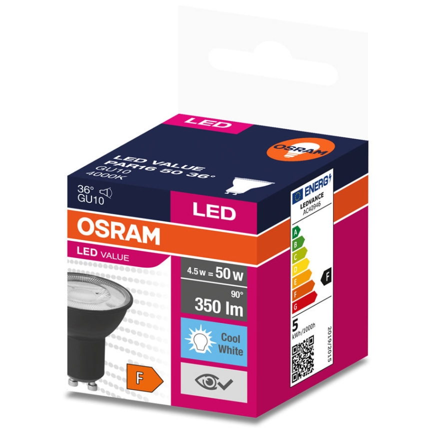LED elektros lemputė VALUE PAR16 GU10/4,5W/230V 6500K 36° juoda - Ledvance