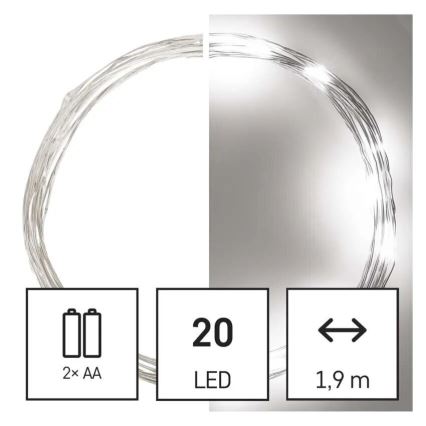 LED  girlianda 20xLED/2xAA 2,4m šaltai balta