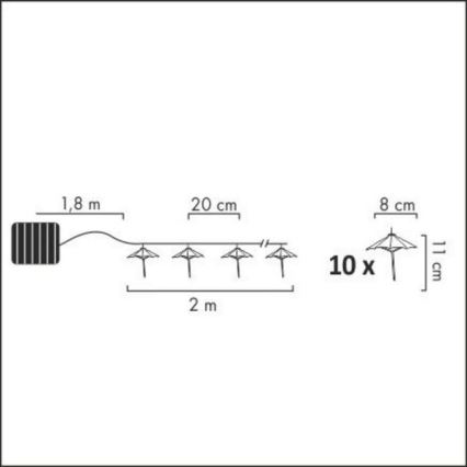 LED grandinė, įkraunama saulės šviesa 10xLED/1,2V 300 mAh 3,8 m IP44 skėčiai