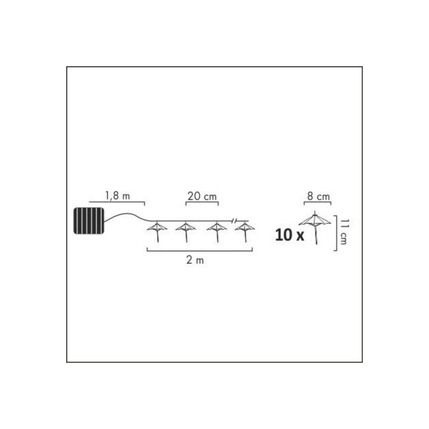 LED grandinė, įkraunama saulės šviesa 10xLED/1,2V 300 mAh 3,8 m IP44 skėčiai