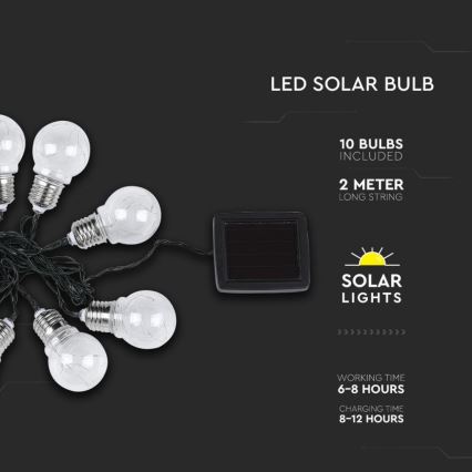 LED grandinė, įkraunama saulės šviesa 10xLED/1W/1,2V 2 m IP44 3000K