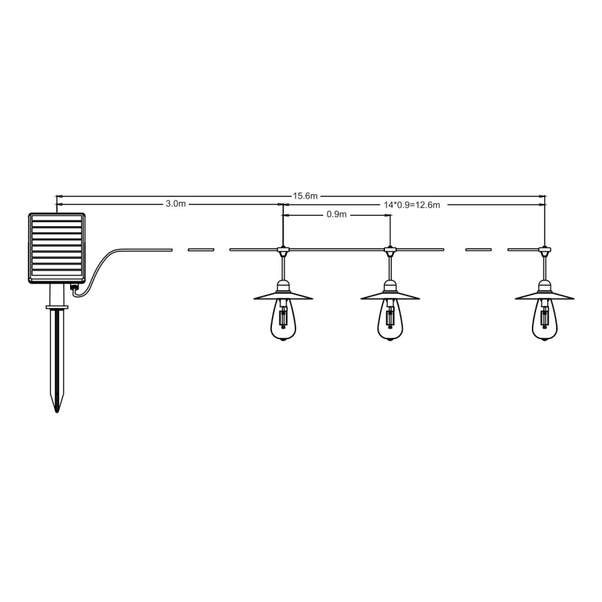 LED grandinė, įkraunama saulės šviesa 15xLED/0,2W/3,7V 15 m 3000K IP44