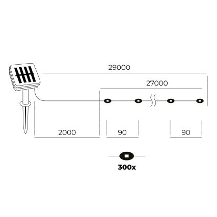 LED grandinė, įkraunama saulės šviesa 300xLED/0,12W/1,2V 1xAA 27 m IP44 3000K 800 mAh