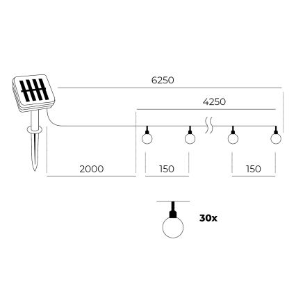 LED grandinė, įkraunama saulės šviesa 30xLED/0,12W/1,2V 1xAA 3000K IP44 400 mAh