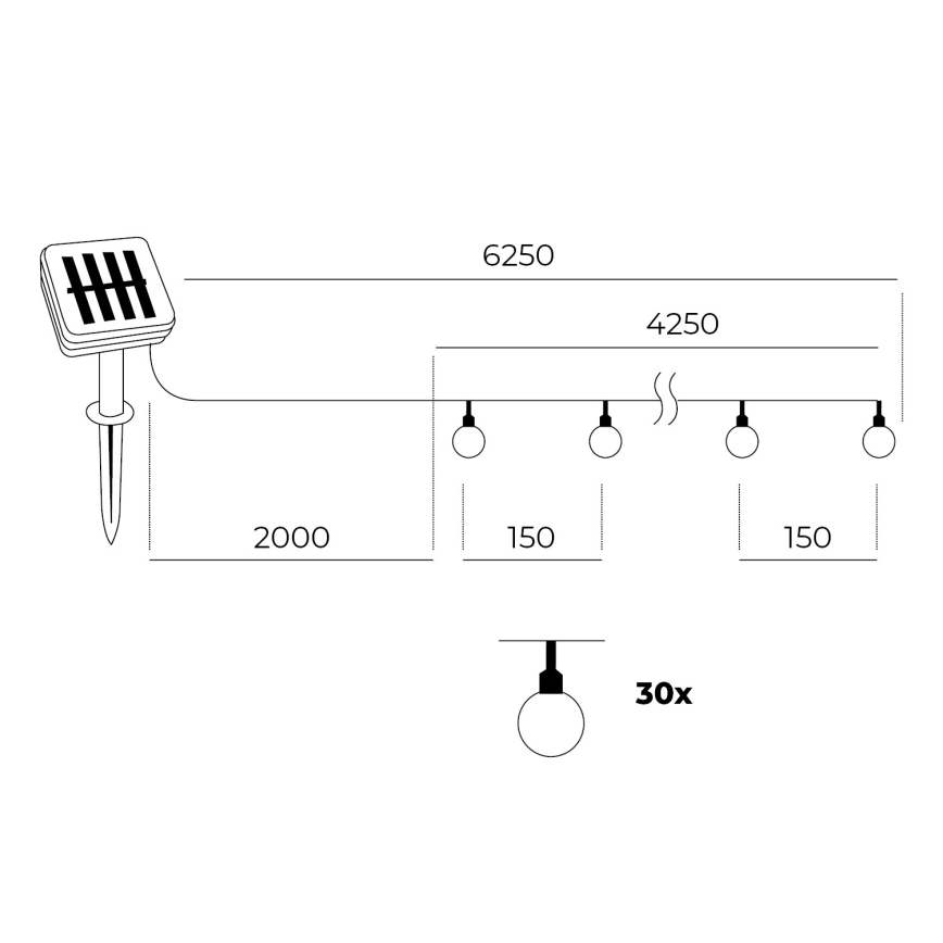 LED grandinė, įkraunama saulės šviesa 30xLED/0,12W/1,2V 1xAA 3000K IP44 400 mAh