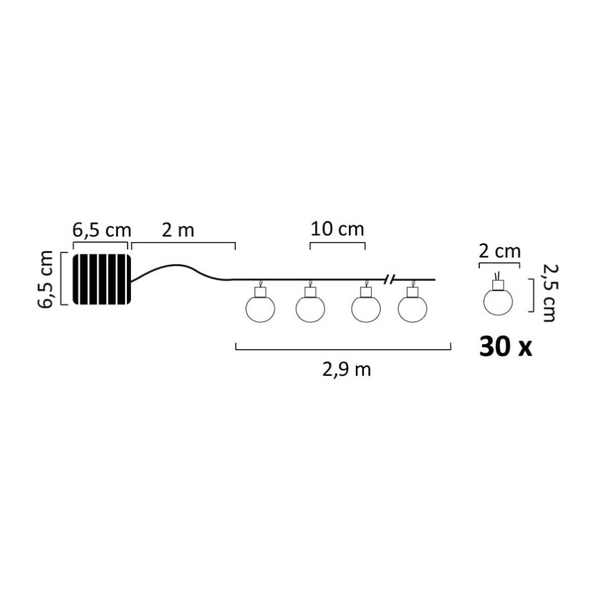LED grandinė, įkraunama saulės šviesa 30xLED/8 funkcijos 300 mAh 4,9m IP44 šilta balta