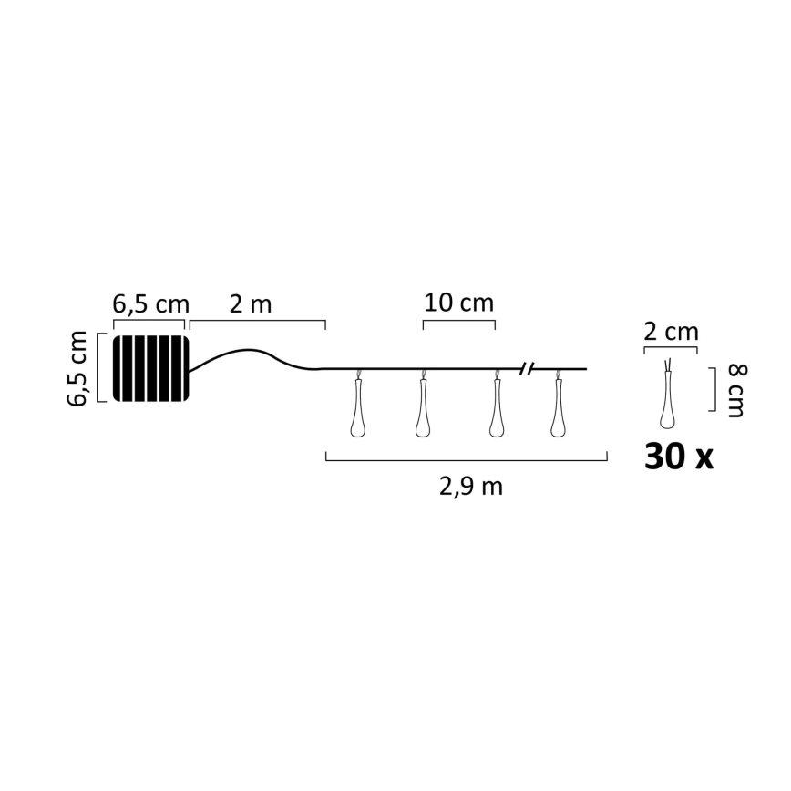LED grandinė, įkraunama saulės šviesa ICE 30xLED/1,2V 300 mAh IP44