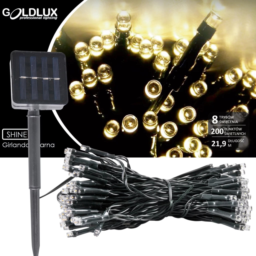 LED grandinė, įkraunama saulės šviesa SHINE 200xLED/1,2V 600 mAh 21,9 m IP44