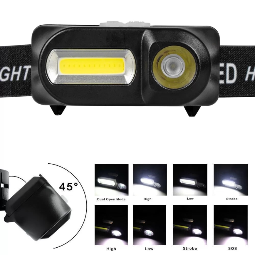 Įkraunamas LED reguliuojamo ryškumo žibintas ant galvos 2xLED/5V IP44 210 lm 2000 mAh