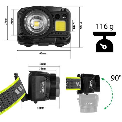 LED reguliuojamas įkraunamas galvos žibintas su jutikliu ir raudona šviesa LED/6W/5V/3xAAA IP66 500 lm 1200 mAh