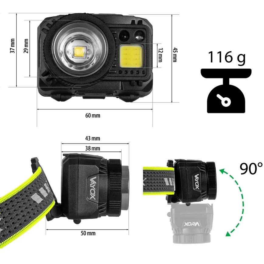 LED reguliuojamas įkraunamas galvos žibintas su jutikliu ir raudona šviesa LED/6W/5V/3xAAA IP66 500 lm 1200 mAh