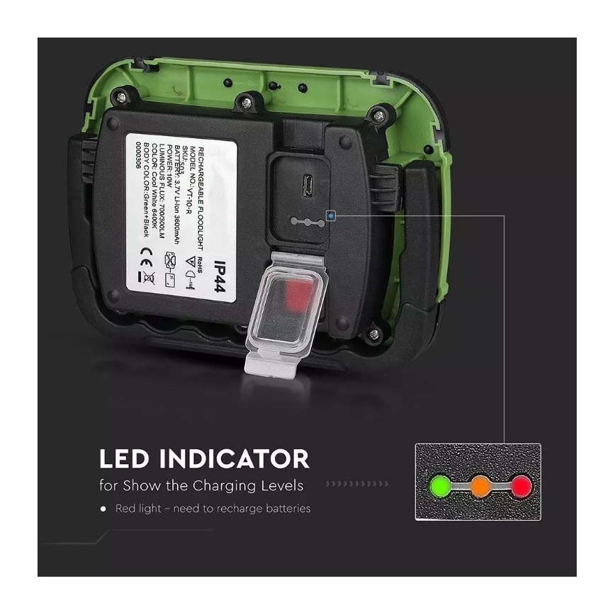 LED įkraunamas prožektorius SAMSUNG CHIP LED/10W/3,7V IP44 4000K 3600 mAh žalia