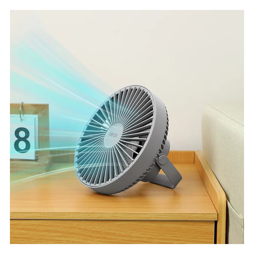 LED Įkraunamas stalas ventiliatorius su LED apšvietimu LED/2W/5V USB 2400 mAh pilka