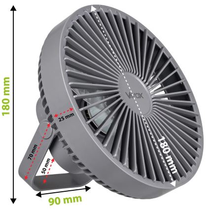 LED Įkraunamas stalas ventiliatorius su LED apšvietimu LED/2W/5V USB 2400 mAh pilka